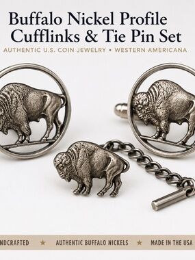 Buffalo Nickel Cut-Out Cufflinks + Tie Pin